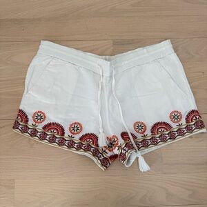 Loft linen blend embroidered shorts Cream Drawstring Women’s size Small